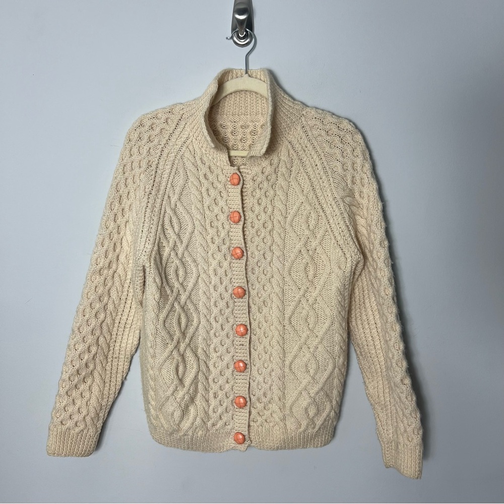 Vintage Hand Knit Wool Fisherman Sweater Cardigan Cream Buttons Collar Irish